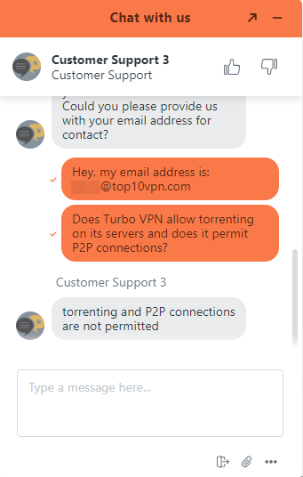 La atención al cliente de Turbo VPN indica que el torrenting está prohibido