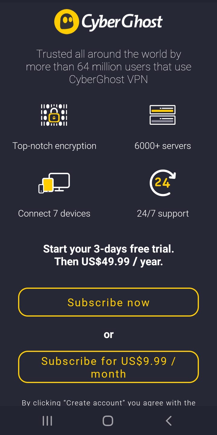 Menú de suscripción de CyberGhost en Android