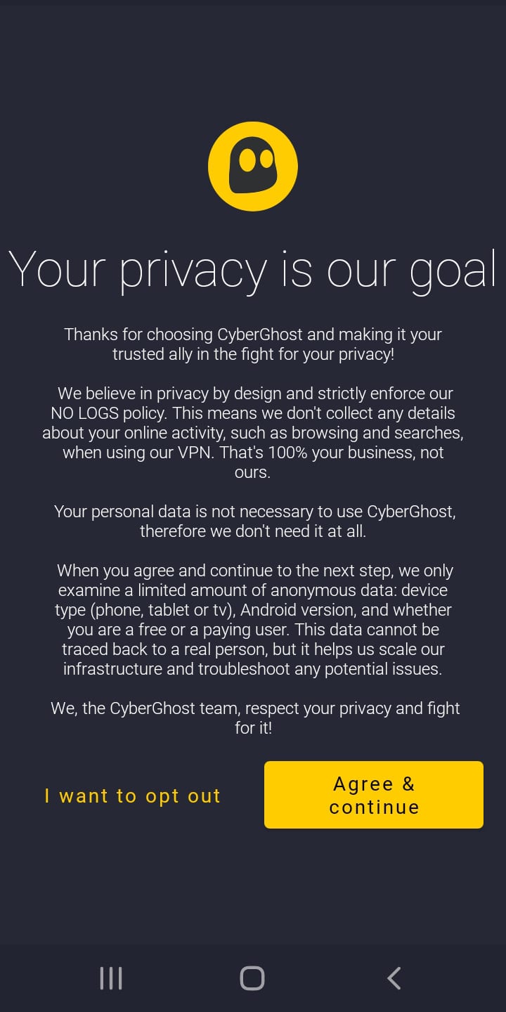 CyberGhost's Android terms and conditions