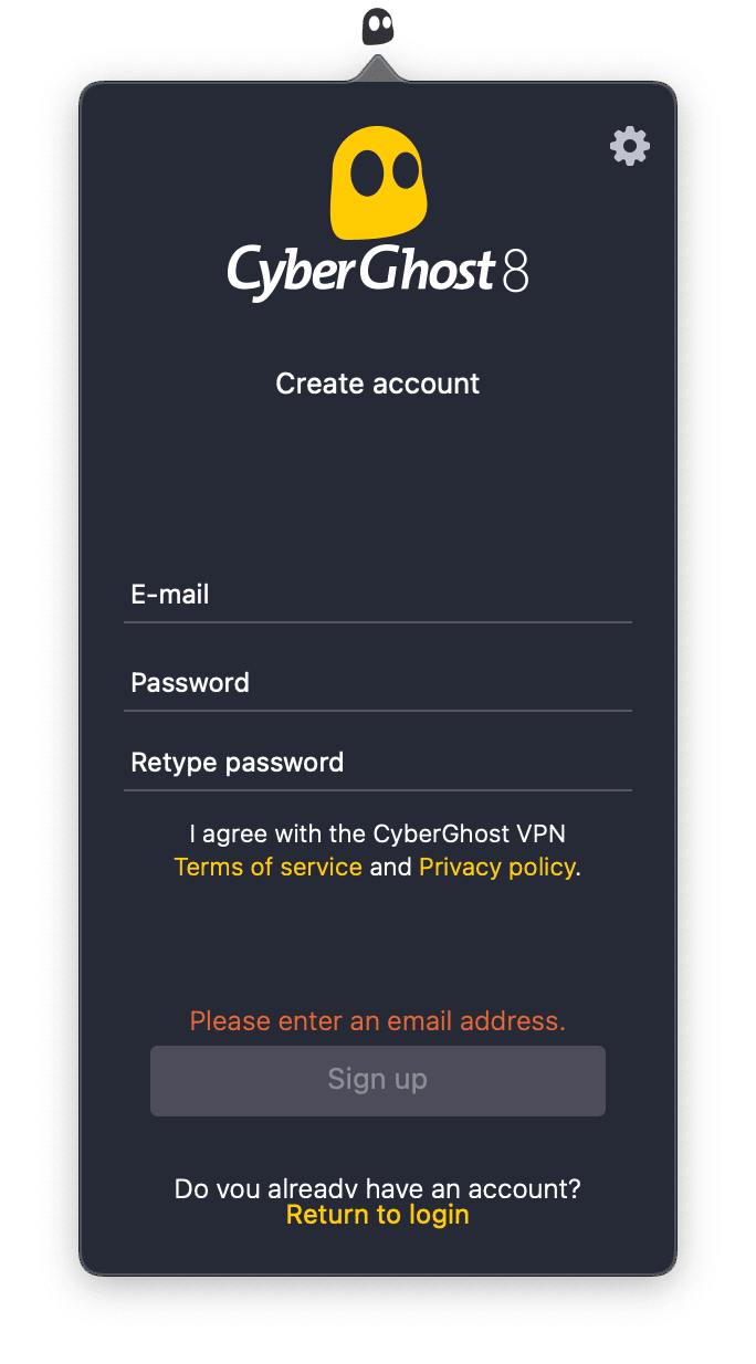 Écran d'inscription à la version d'essai gratuite de CyberGhost pour macOS