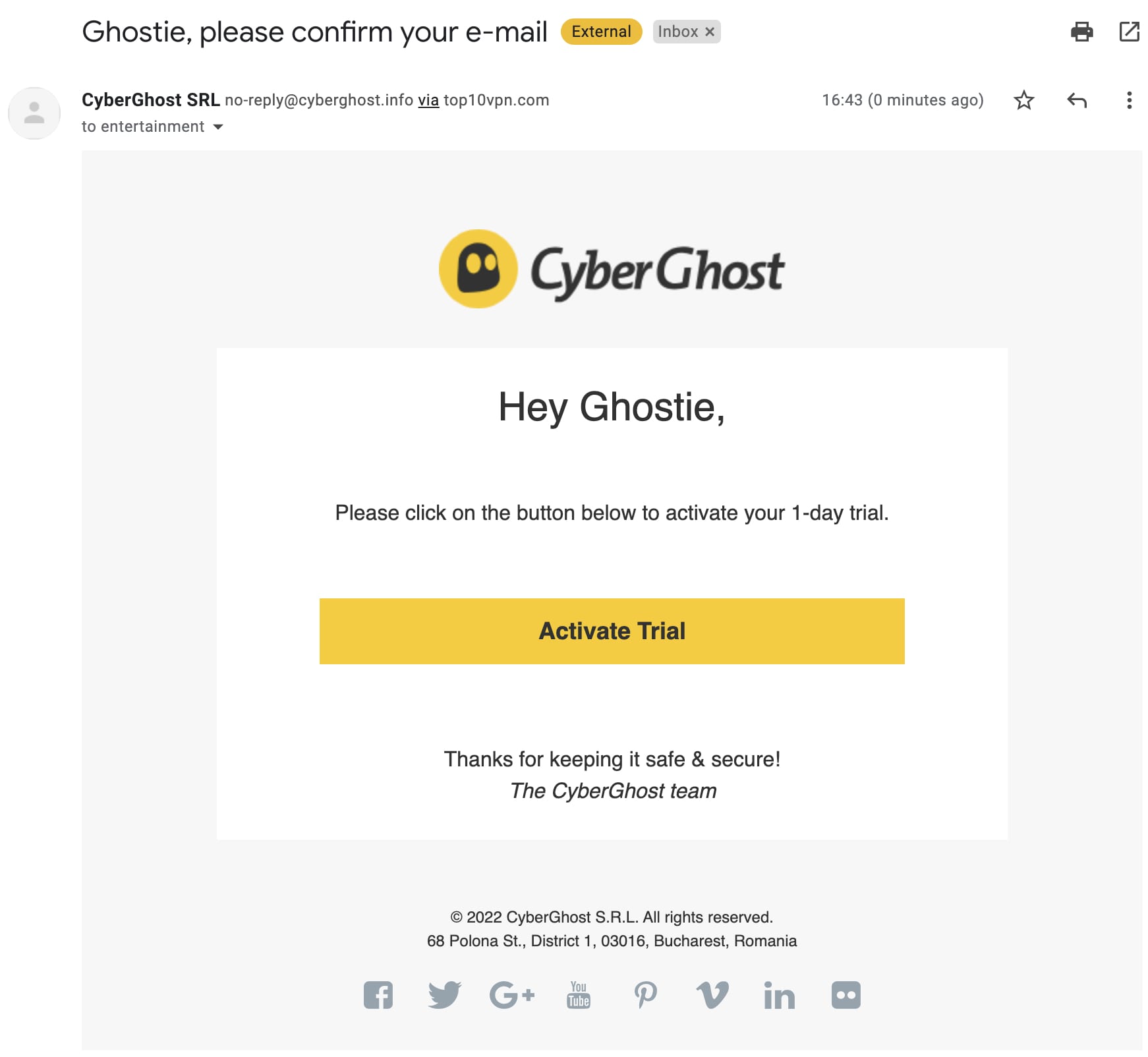 E-mail de confirmation de l'activation de la version d'essai de CyberGhost