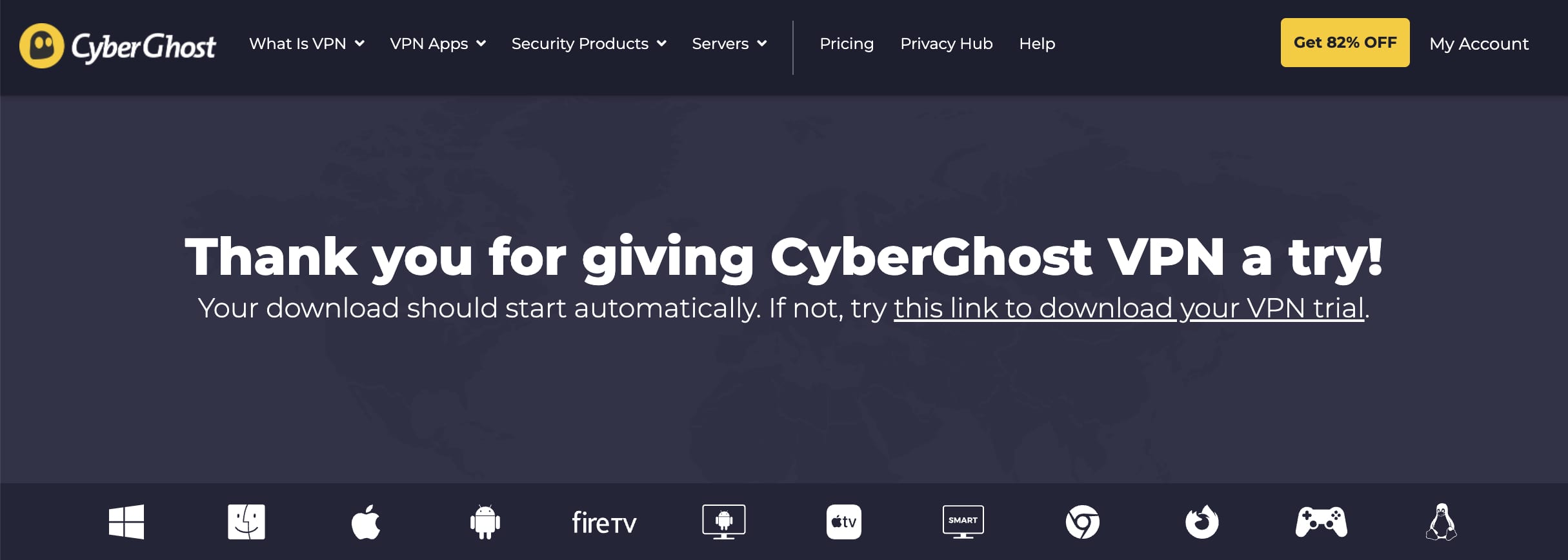 The CyberGhost website asking you to download the desktop app for a free trial