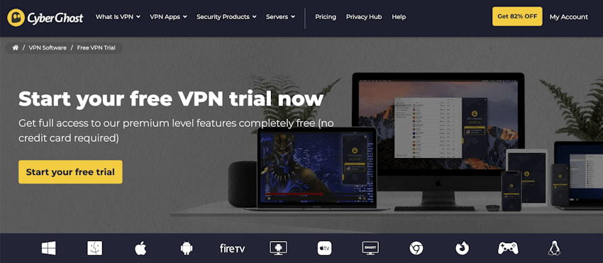 CyberGhost website offering a free trial
