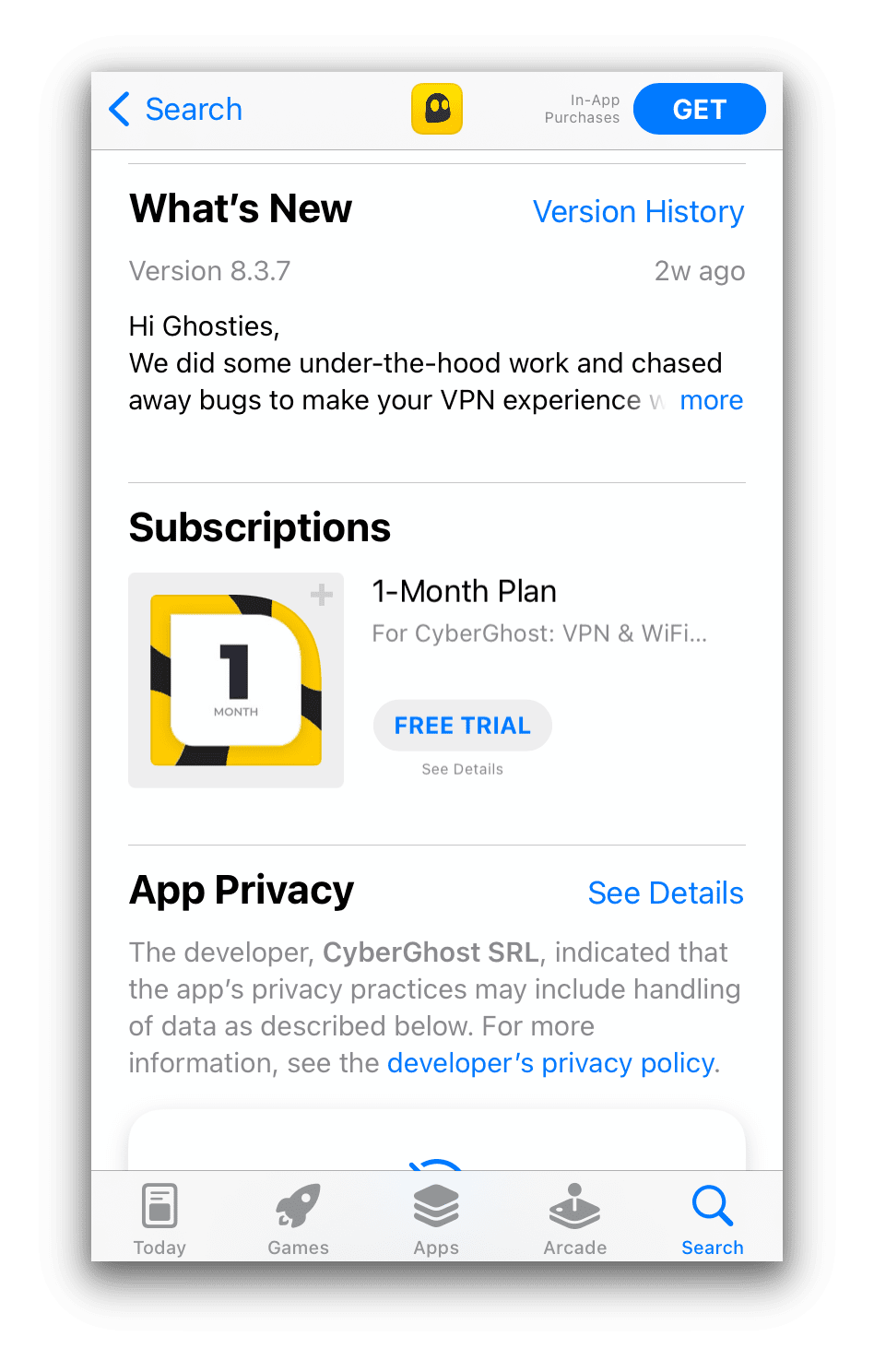 CyberGhost en el App Store con botón de prueba gratuita