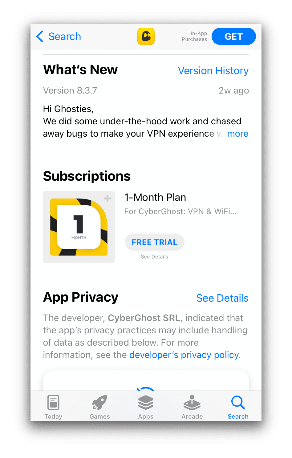 CyberGhost's app store listing with free trial button
