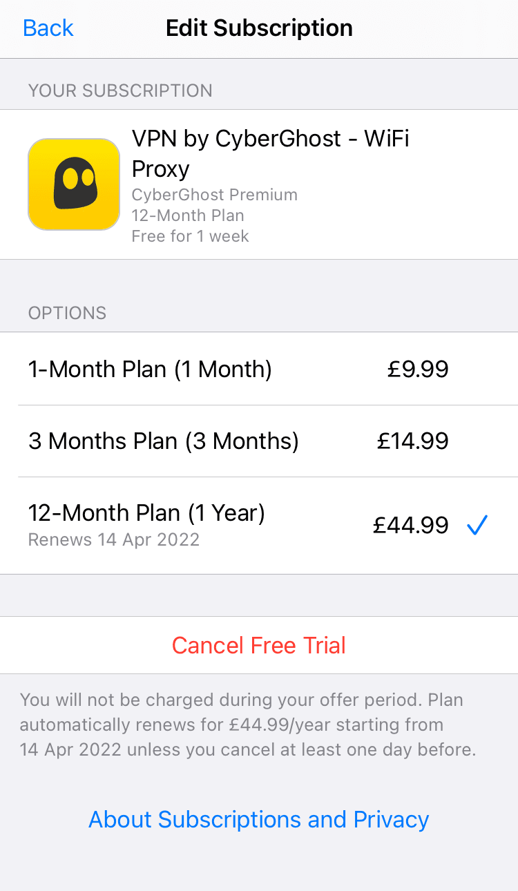 CyberGhost subscription menu within iOS