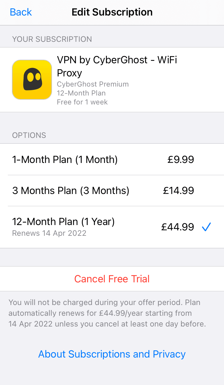Menú de suscripción de CyberGhost en iOS