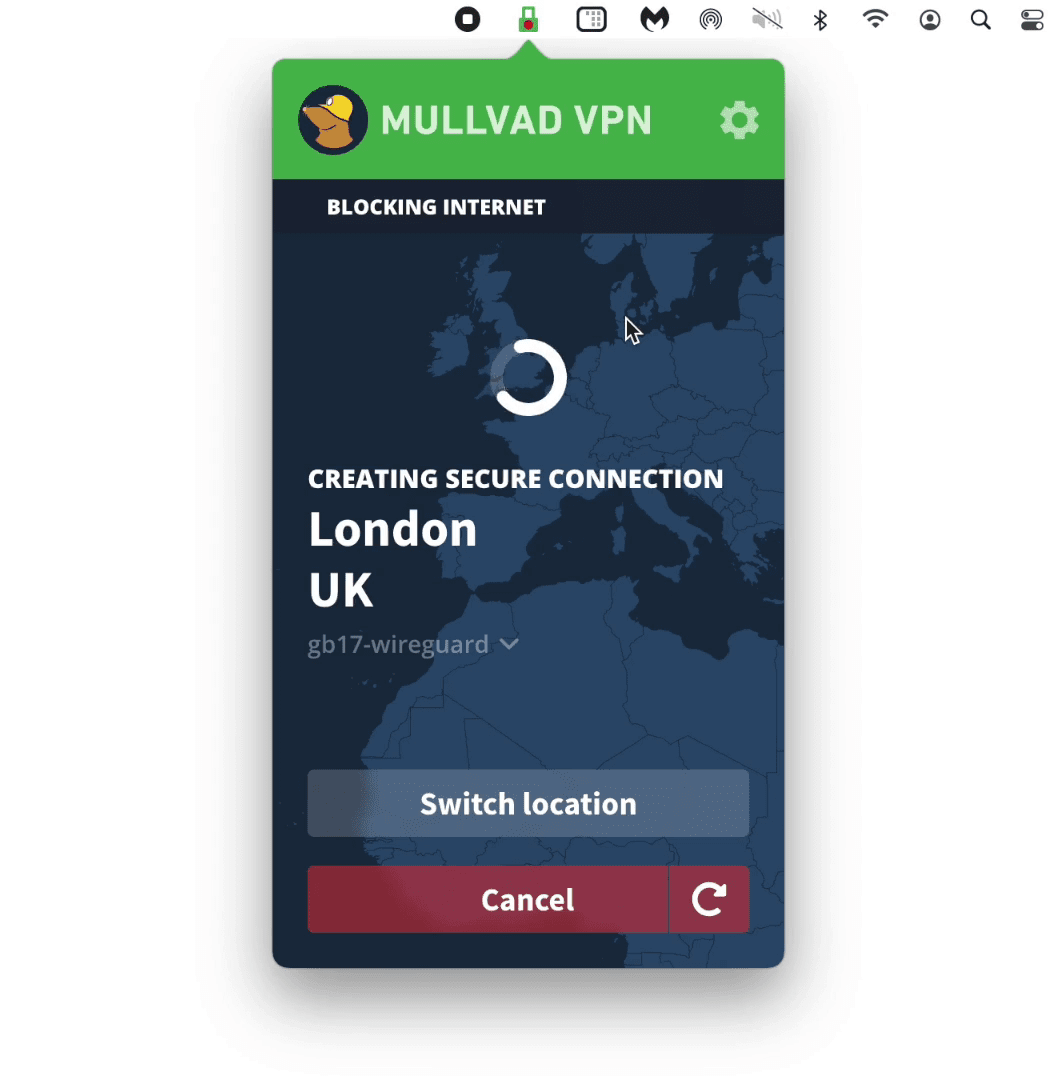 Mullvad 맥OS 앱을 통해 서버에 연결