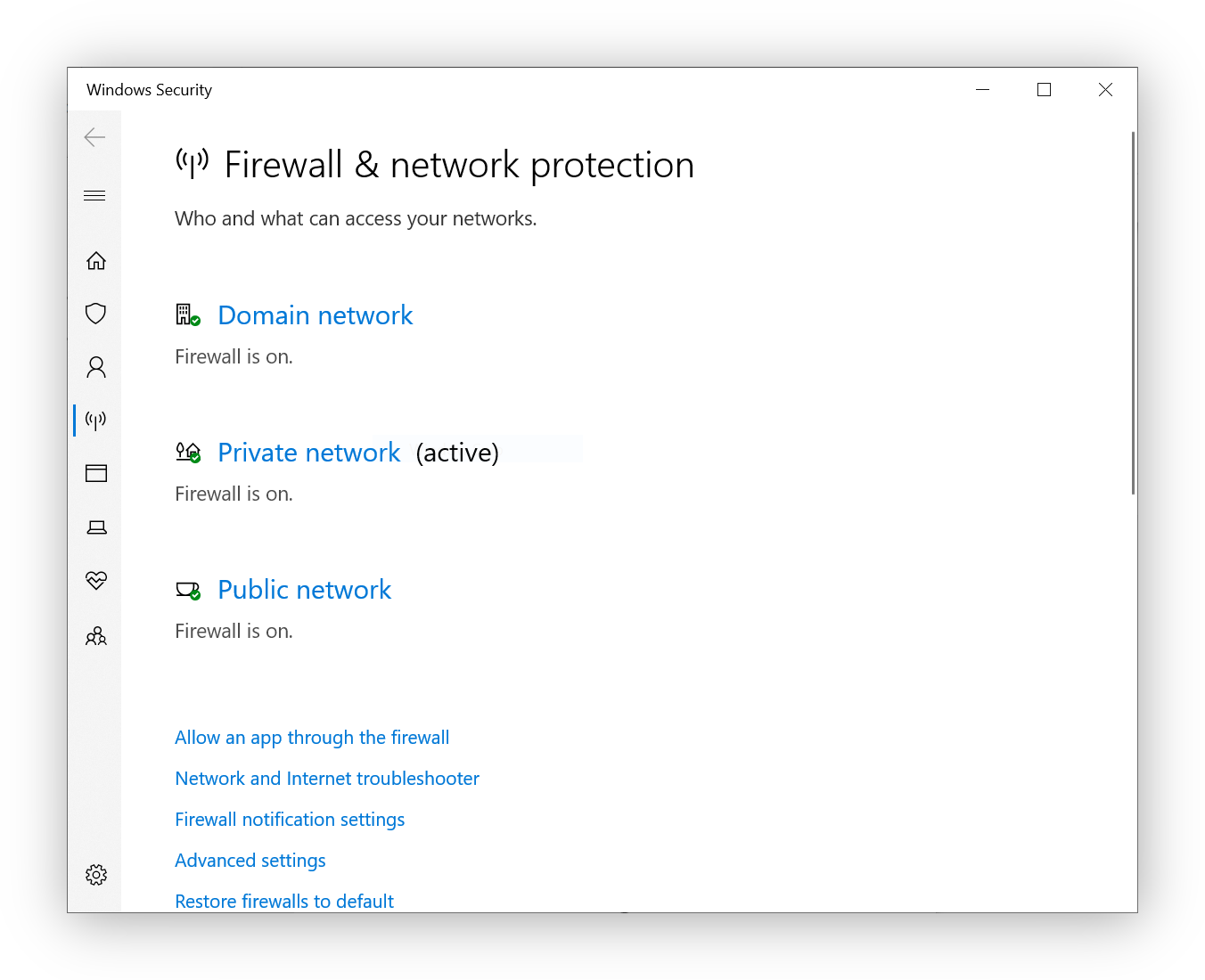 Windows firewall settings