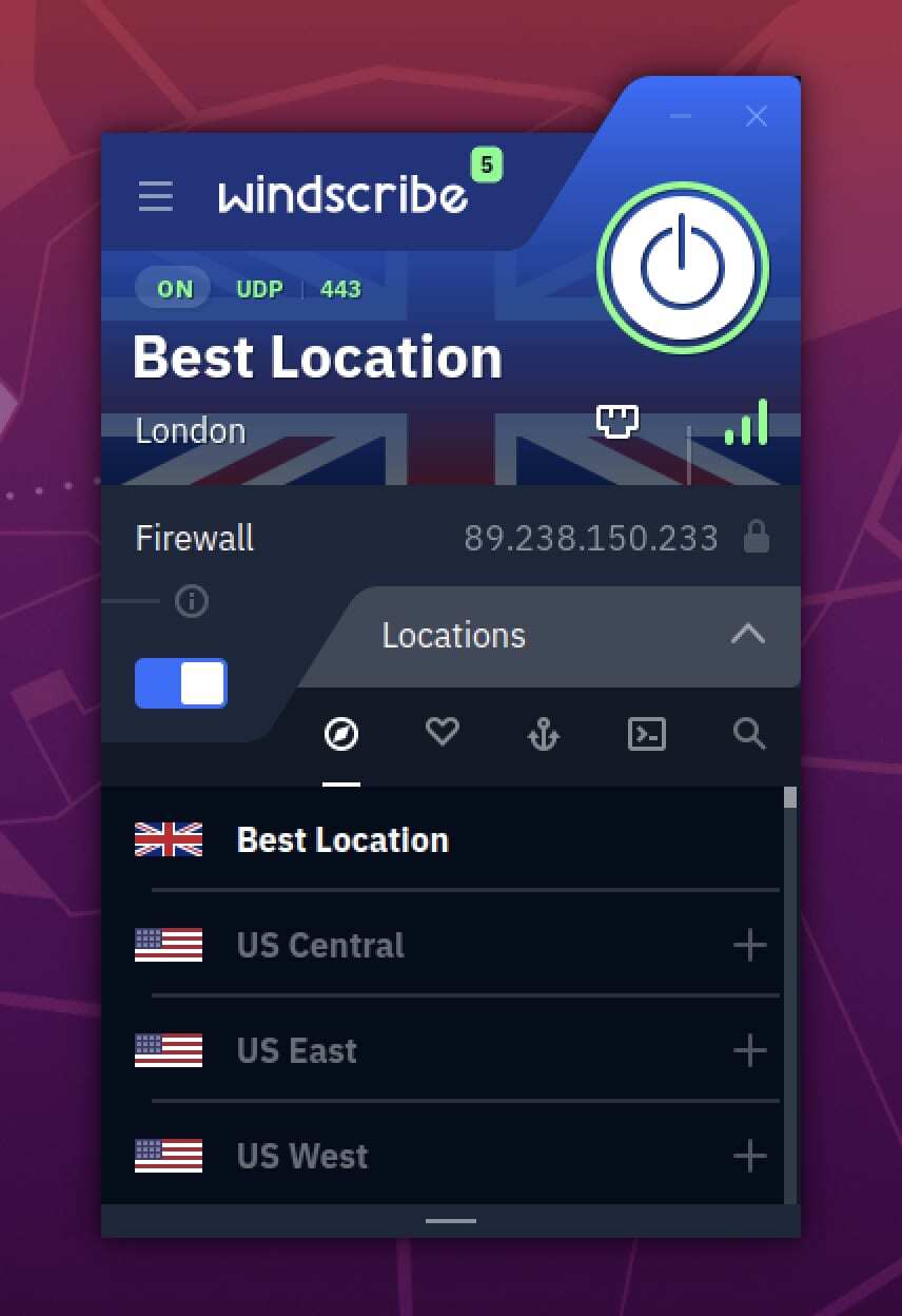 Ekran główny aplikacji Windscribe na Linuksa