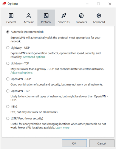 Menú de selección de protocolos de ExpressVPN.