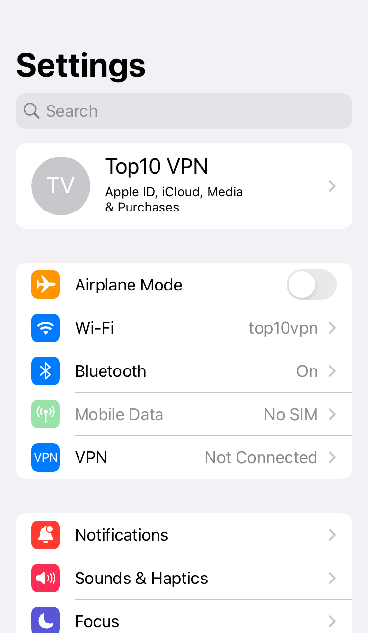 Pantalla principal de la aplicación Ajustes en iOS