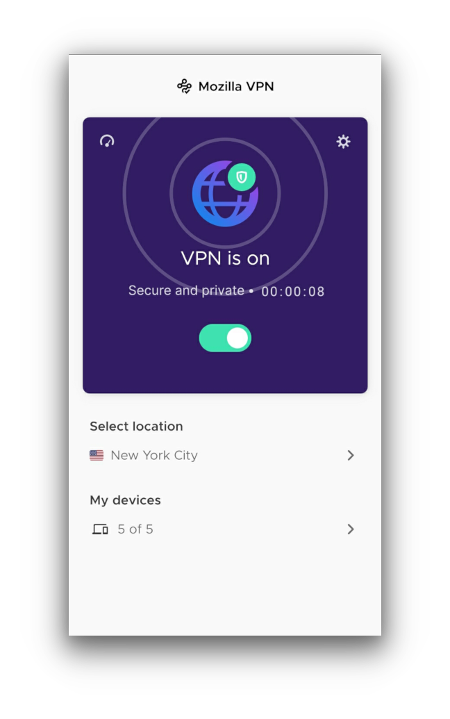 Pantalla de inicio de Mozilla VPN en Android
