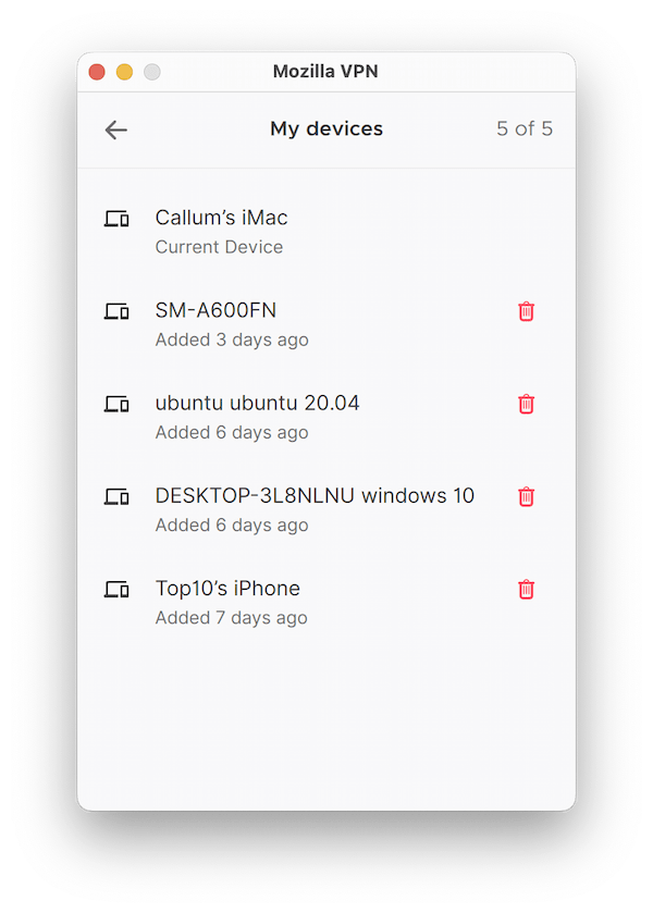 Dispositivos conectados en nuestra aplicación de Mozilla VPN