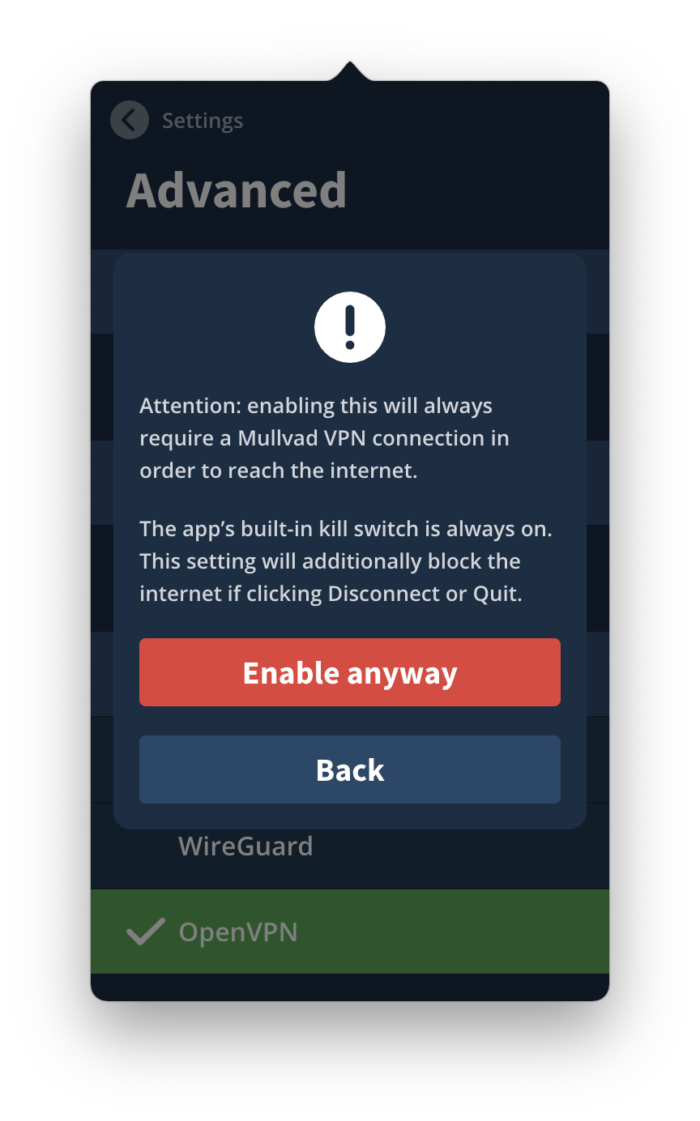 Mullvad ต้องการ VPN เสมอ
