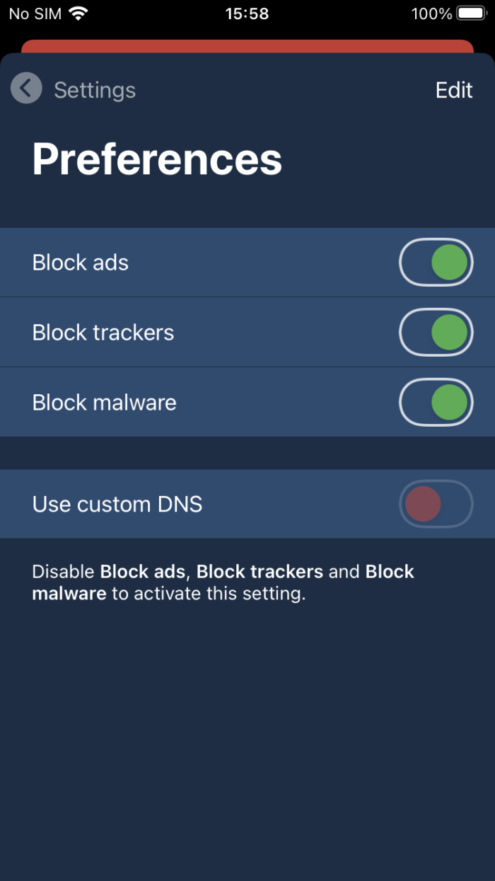 Mullvad iOS Settings Menu