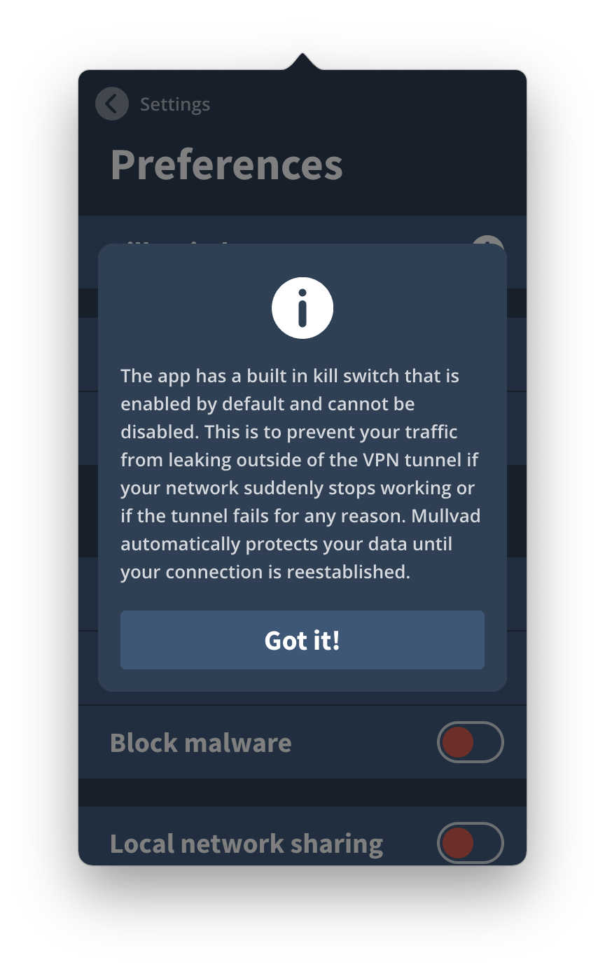 Mullvad's Built-in Kill Switch.