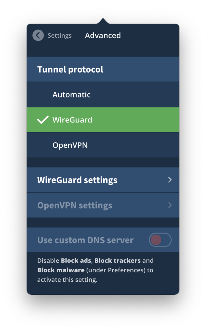 Mullvad Protocol Options