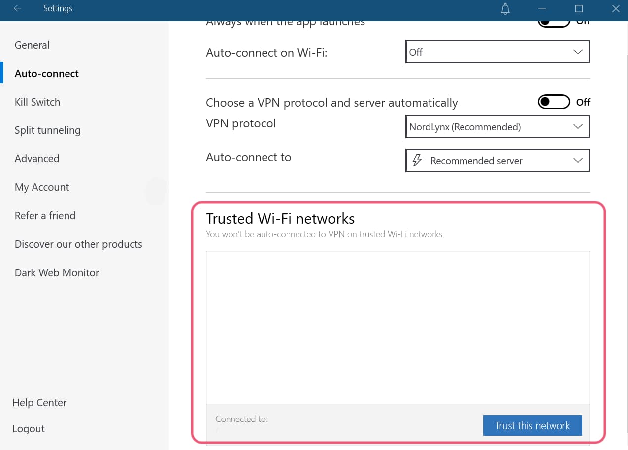 Recurso de Redes confiáveis da NordVPN