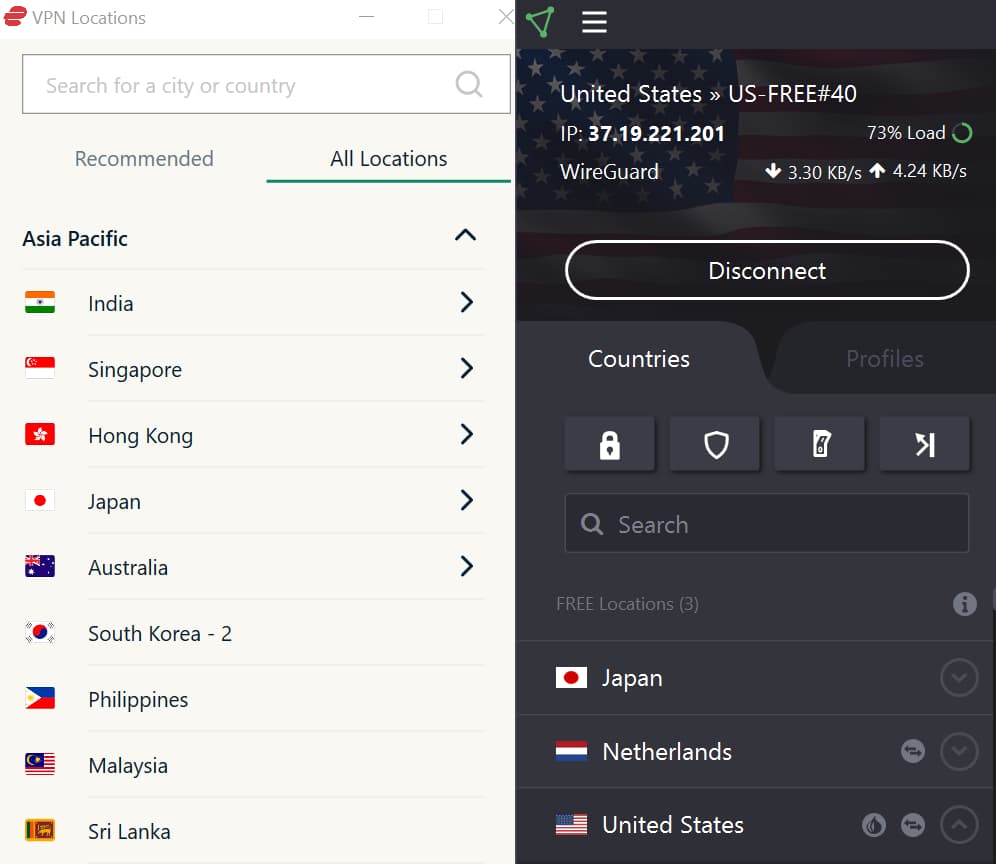 ExpressVPN vs Proton free VPN servers 