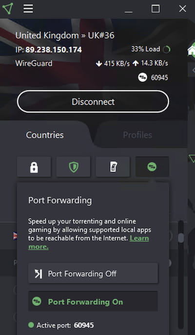 Encendiendo el reenvío de puertos con la aplicación de Proton VPN