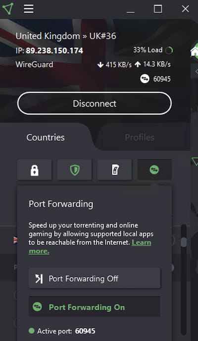 Aktivieren der Portweiterleitung innerhalb der Proton VPN-App