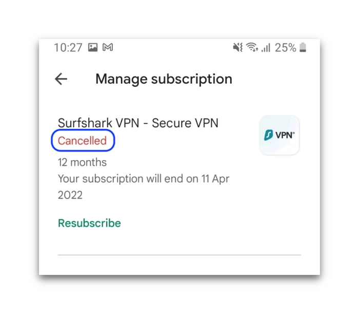 Notifica che la prova gratuita di Surfshark è stata annullata su Android