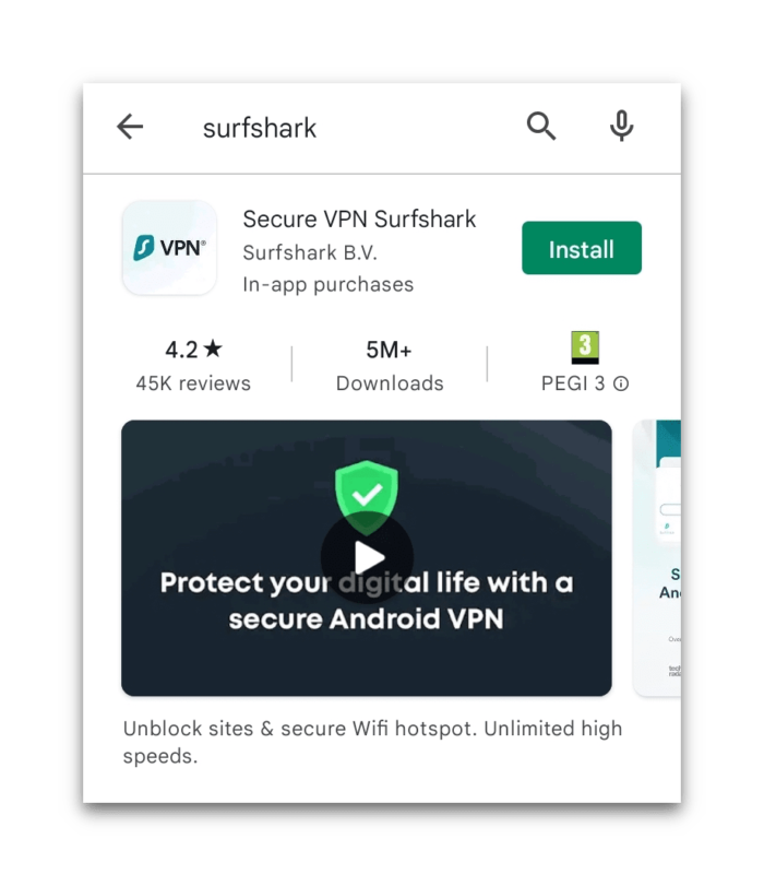 Prova gratuita di Surfshark sul Play Store Android