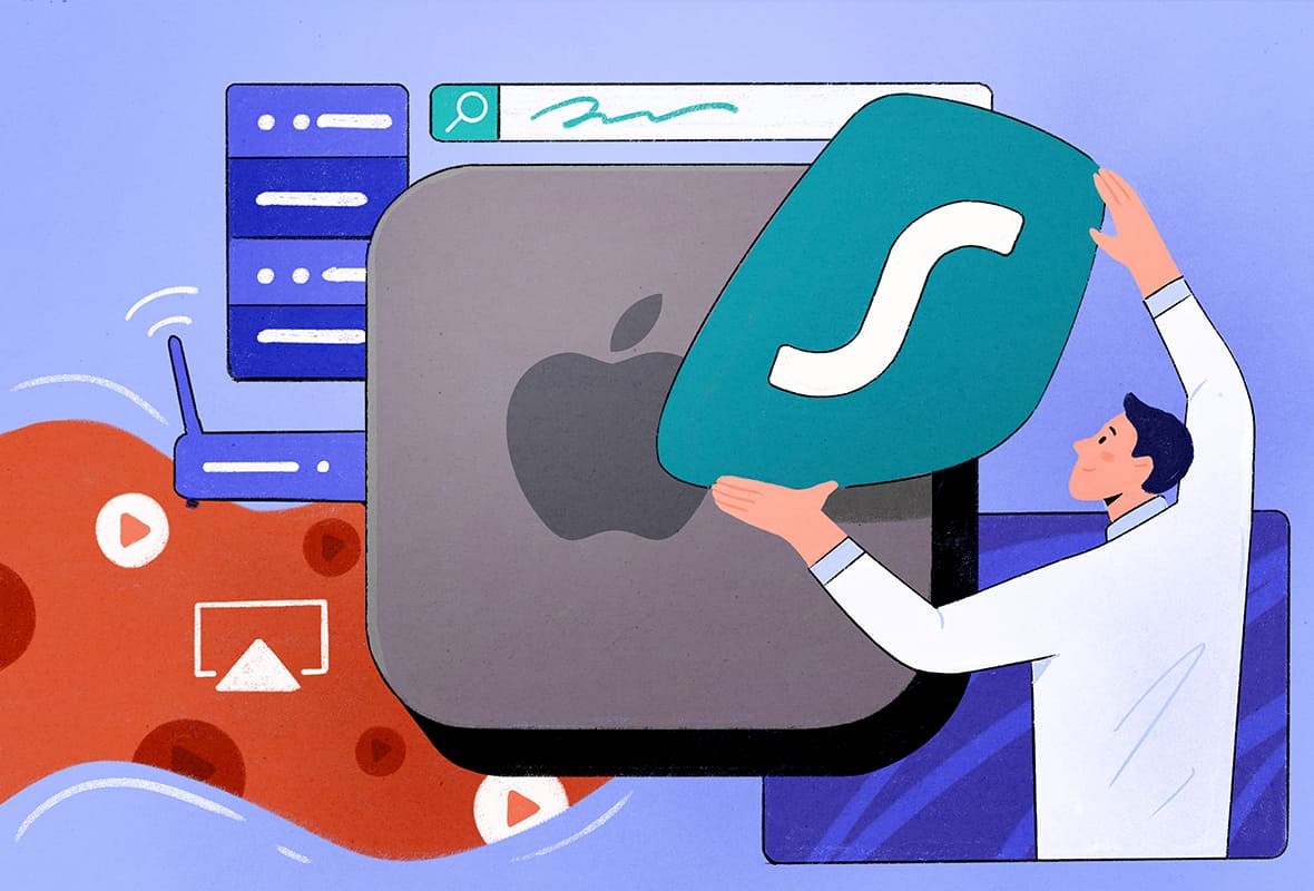 Illustration showing someone using Surfshark VPN on Apple TV