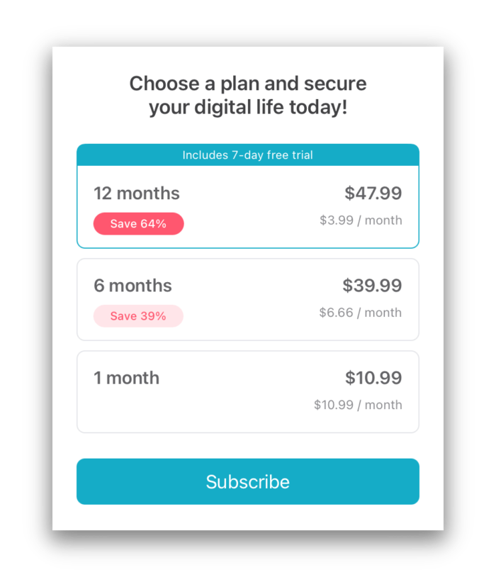 Los planes de precios de la prueba gratuita de Surfshark en iOS