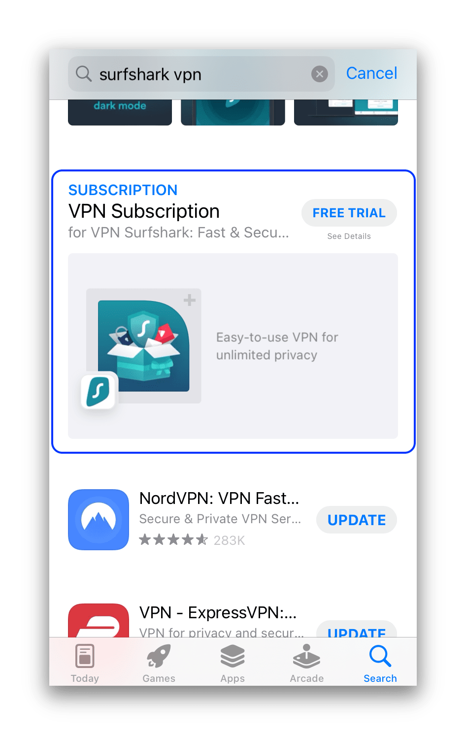 Captura de pantalla de la prueba gratuita de Surfshark VPN