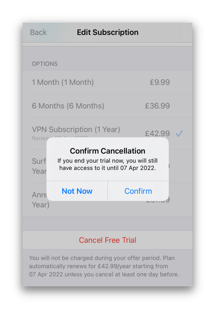 Cancelación de la prueba gratuita de Surfshark para iOS