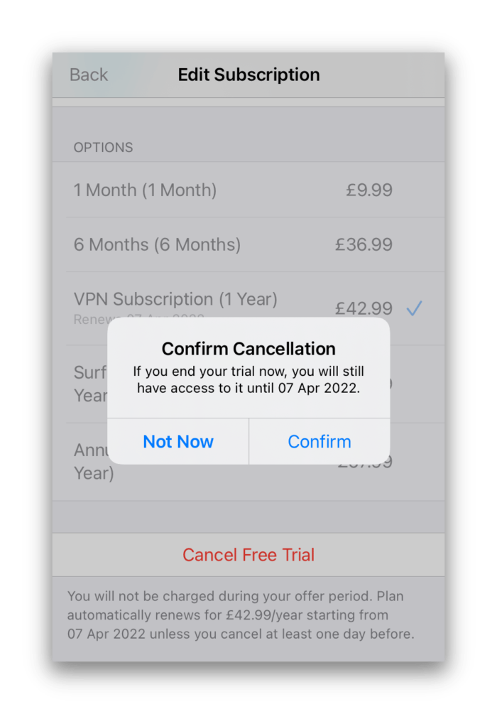 Surfshark iOS Free Trial Annulation