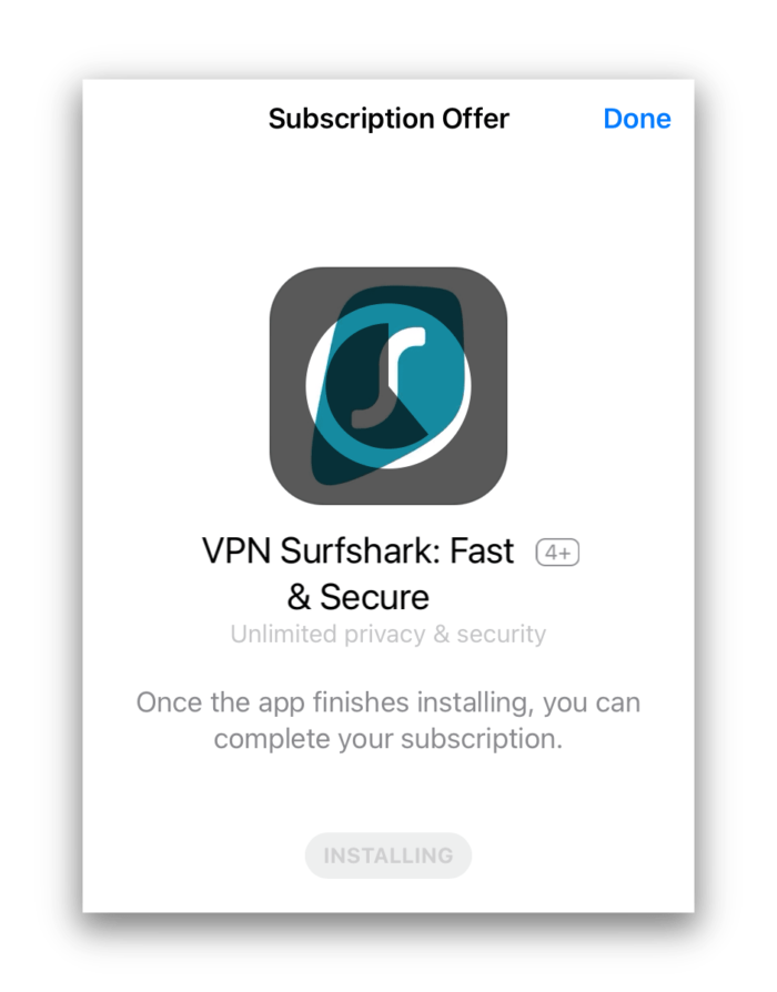 Installazione di prova gratuita di Surfshark per iOS