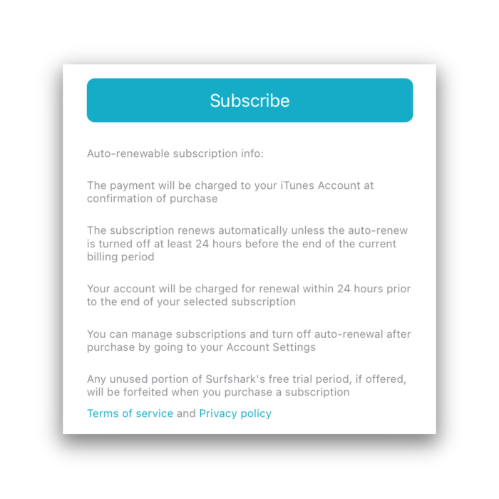Politique de paiement de l'essai gratuit de Surfshark iOS