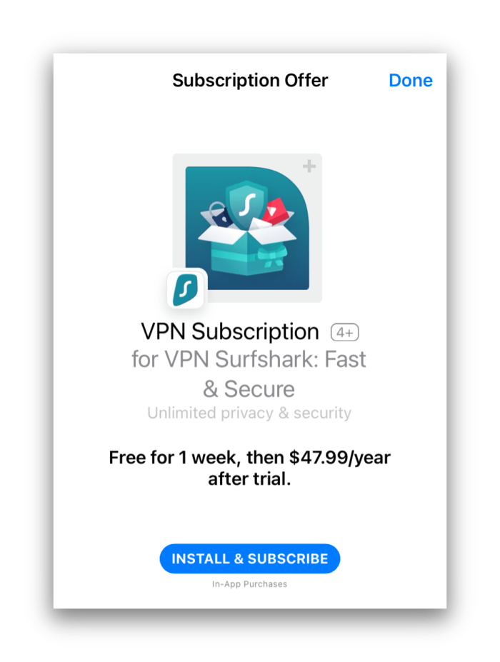 Offre d'abonnement à l'essai gratuit de Surfshark iOS