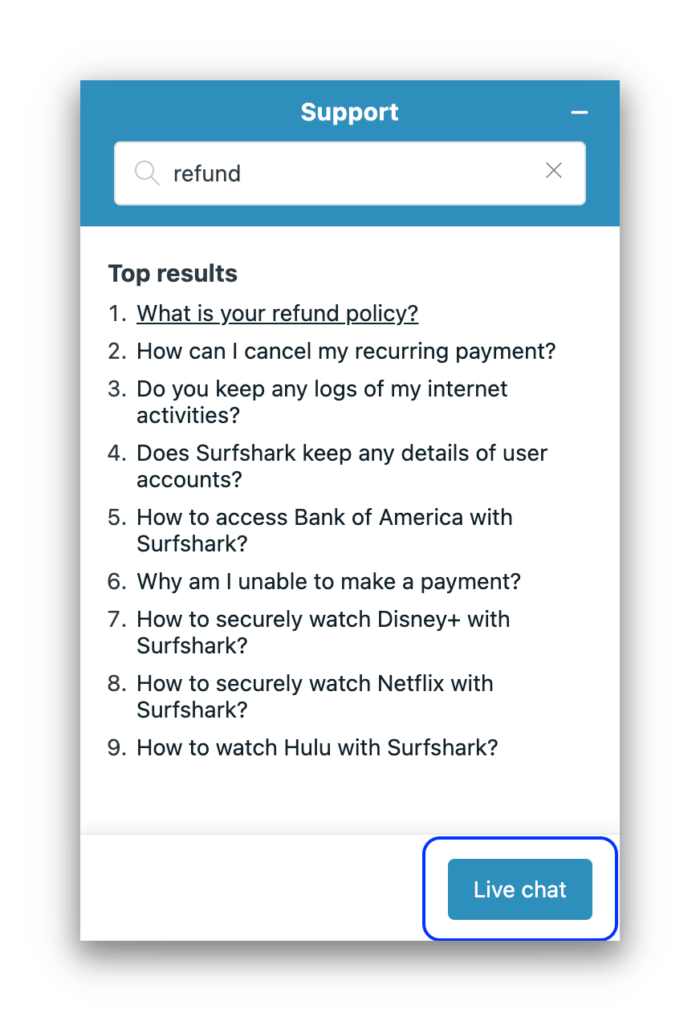 Chat live per rimborsi di Surfshark