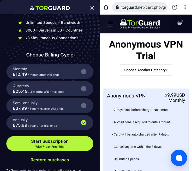 Screenshot of the Free Trial signup pages for TorGuard on iOS and Android. 