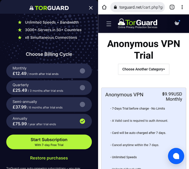 Screenshot of the Free Trial signup pages for TorGuard on iOS and Android.