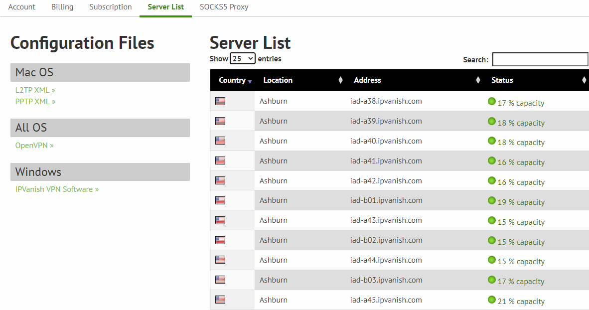 Lista plików konfiguracyjnych dla serwerów IPVanish na Windowsie