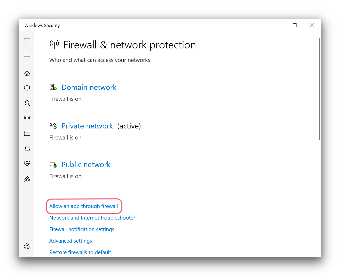 Windows Security's firewall settings