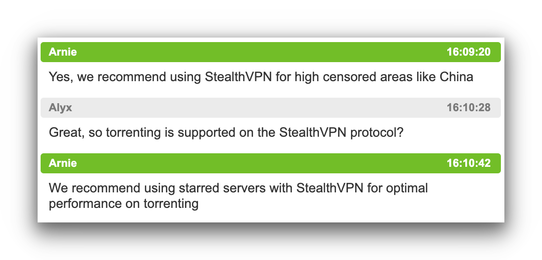 Screenshot of a conversation with Astrill's customer support. It shows them saying "We recommend using starred servers with StealthVPN for optimal performance on torrenting.