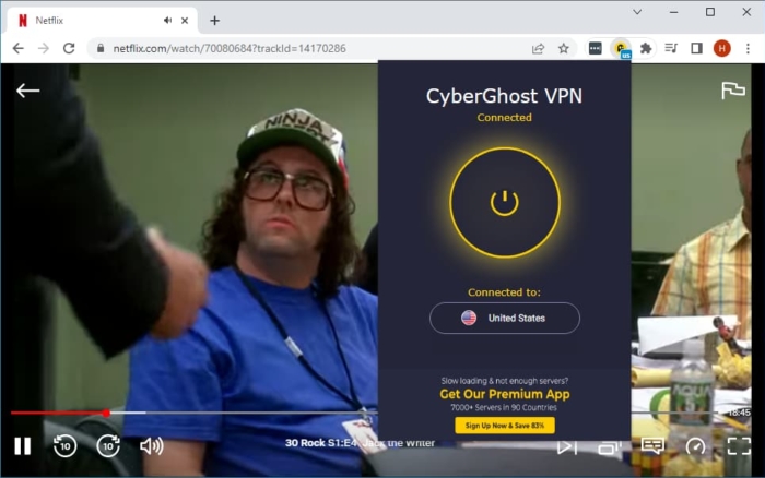Using A extensão para Chrome do CyberGhost acessa a Netflix EUA
