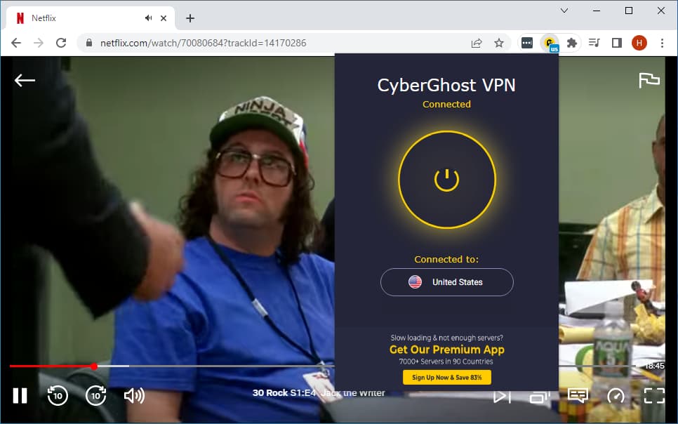 Using CyberGhost's Chrome extension to unblock US Netflix