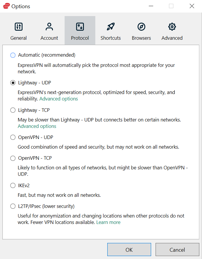 ExpressVPN's protocol settings