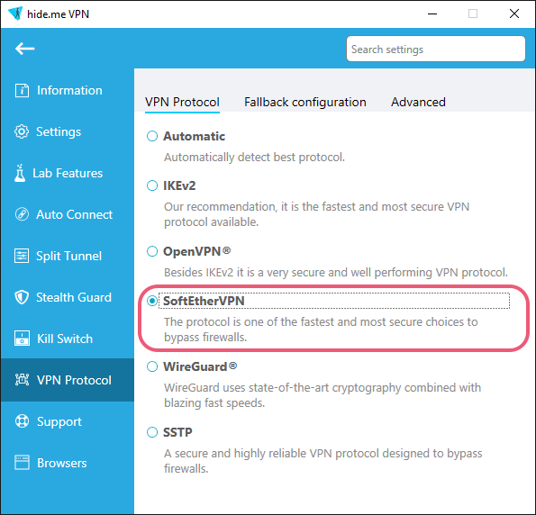Captura de pantalla del cliente de Windows de Hide.me, que muestra su página de protocolo de VPN en Ajustes.