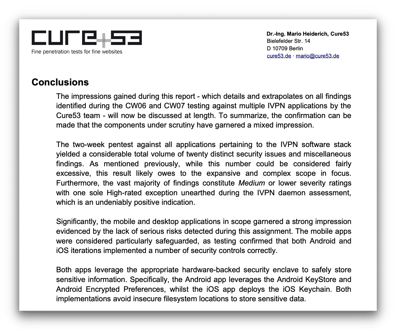 Screenshot of Cure53's audit of IVPN.