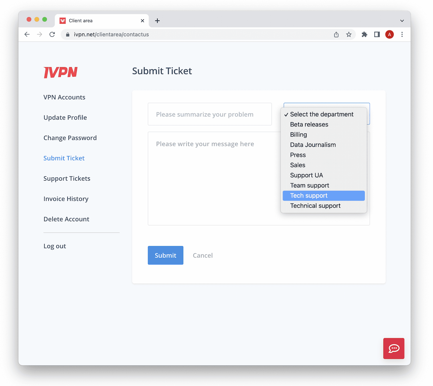 Image of IVPN's online client area, that has a page to submit an online ticket.
