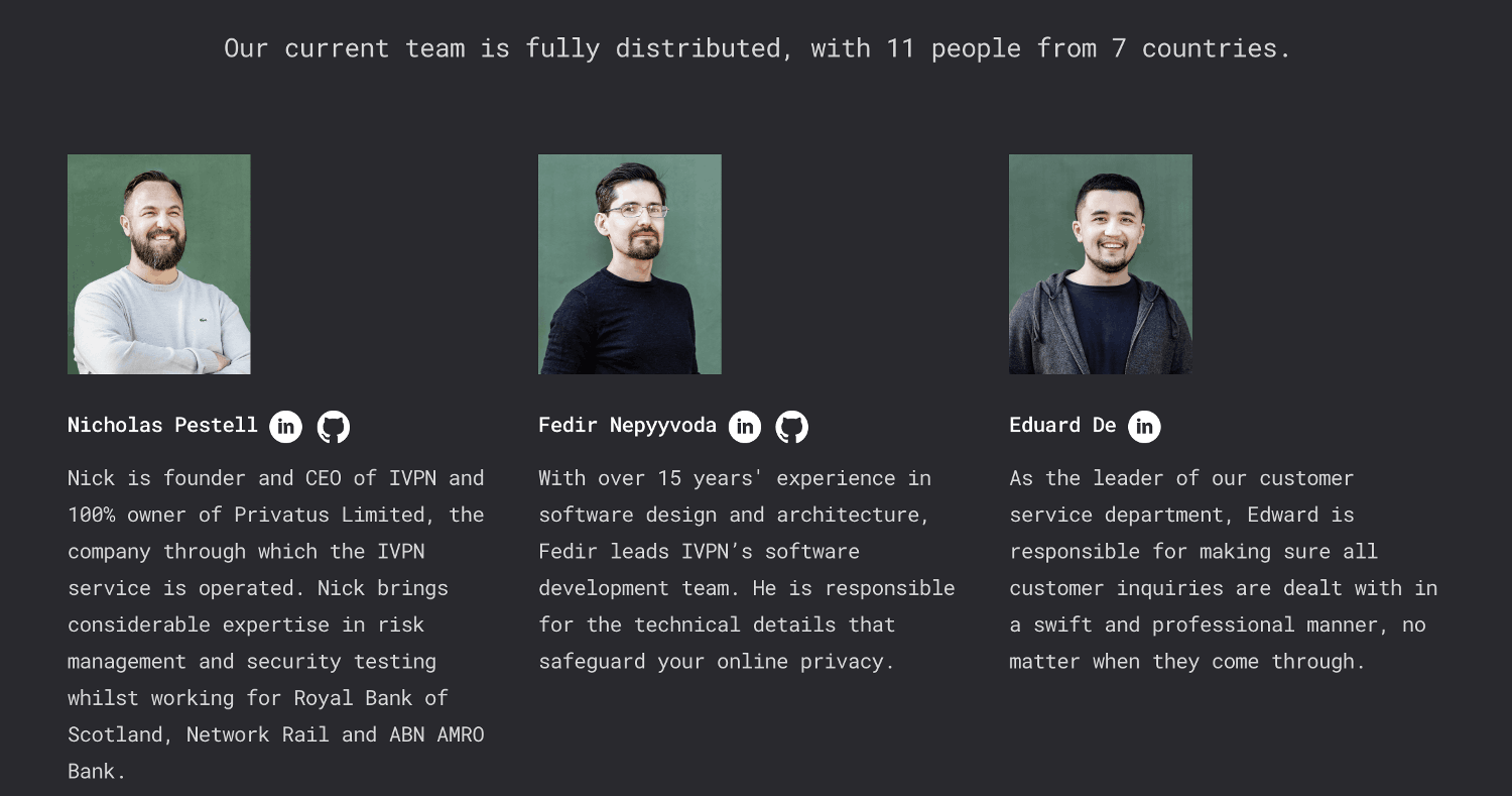 Screenshot of IVPN's website, showing the founder, software developer, and leader of the customer service department. 