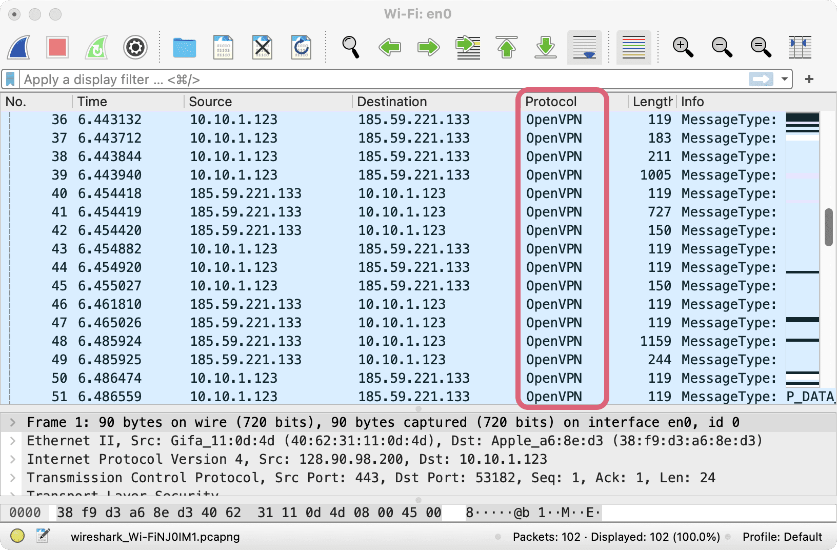 Screenshot of Wireshark app picking up on an OpenVPN protocol connection.